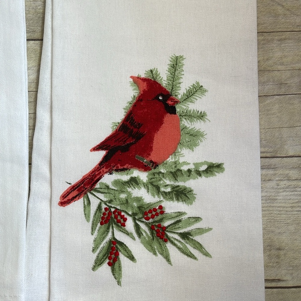 Cardinal Bird Embroidered Cotton Kitchen Towels Set of Two - Picture 3 of 6